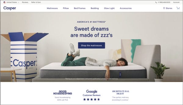 アメリカの寝具マットレスメーカーのcasper社のホームページのイメージ